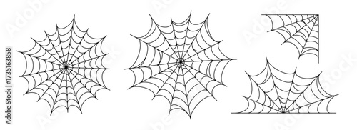 Black spooky spider web set. Creepy cobweb collection. Halloween frame and borders elements for banner, poster, decoration. Linear corner scary tangled net bundle. Vector Haloween outline pack