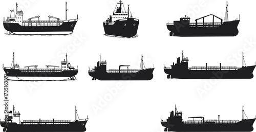 Cargo ship silhouettes vector, commercial shipping boats, marine transport vessels, ocean freight ships, industrial container ships, nautical transport, harbor export illustration