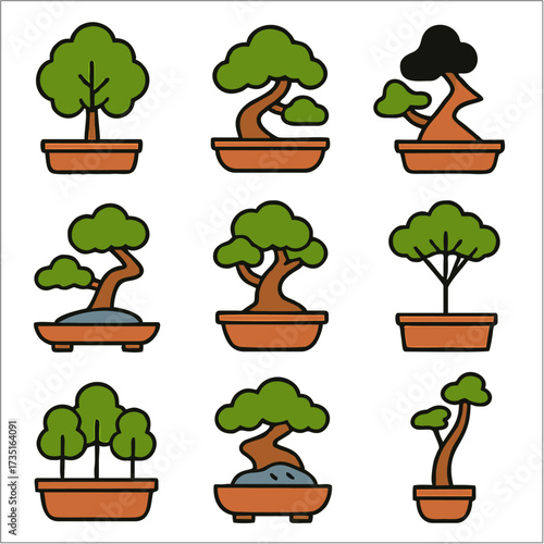 Flat Icon Set, Bonsai, Miniature Trees & Zen Garden Symbols