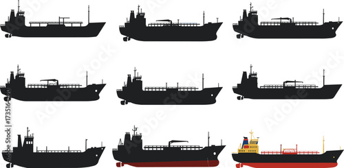 Cargo ship vector silhouettes, commercial shipping vessels, container transport, oil tanker, marine freight ships, industrial ocean boats, nautical transport illustrations