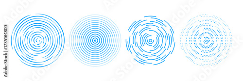 Blue radial concentric circle set. Sound wave signal collection. Halftone, dashed and dotted rings for epicenter, target, radar, earthquake, tsunami symbol. Vector ripple expansive vibration elements
