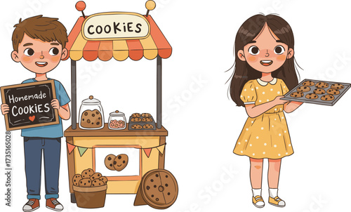 Cute boy and girl selling homemade cookies at colorful market stall with sweet bakery treats cartoon vector illustration for food shop design