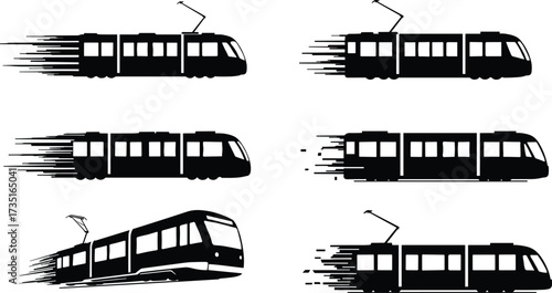 Fast tram silhouette, modern electric train, urban metro vector, high speed streetcar illustration, passenger railway transport, city light rail design