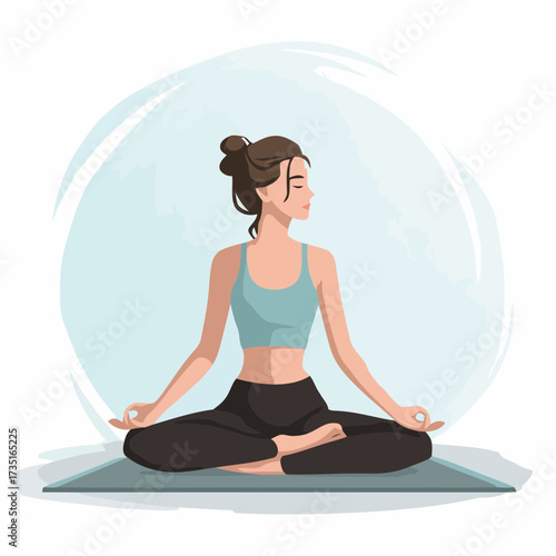 Flat clean illustration minimal vector of woman practicing yoga lotus pose mat meditation wellness calm balance spiritual healthy lifestyle