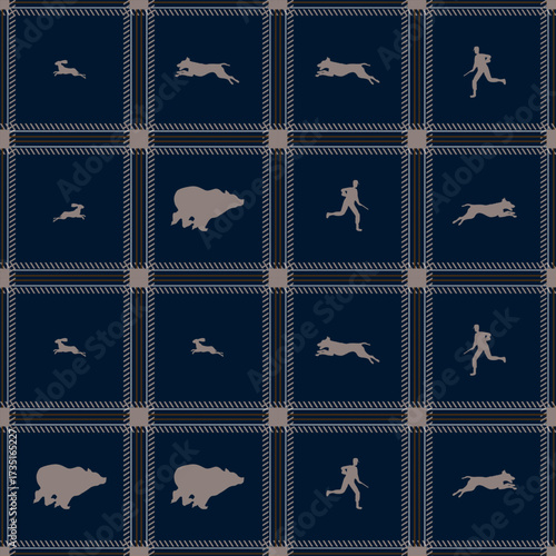 Vector repeating pattern of animal silhouettes (dogs, bears, rabbits) and human figures, separated by a grid with intersecting lines, on a dark blue background.