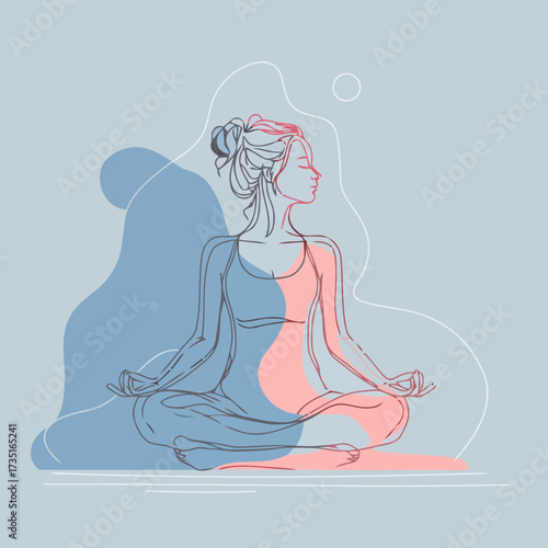 Minimalist flat illustration vector of woman yoga lotus pose on mat meditation balance calm relaxation wellness lifestyle health spiritual