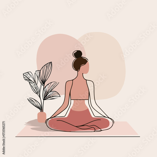Flat clean vector yoga design woman practicing lotus pose on mat minimal meditation calm balance relaxation wellness lifestyle illustration