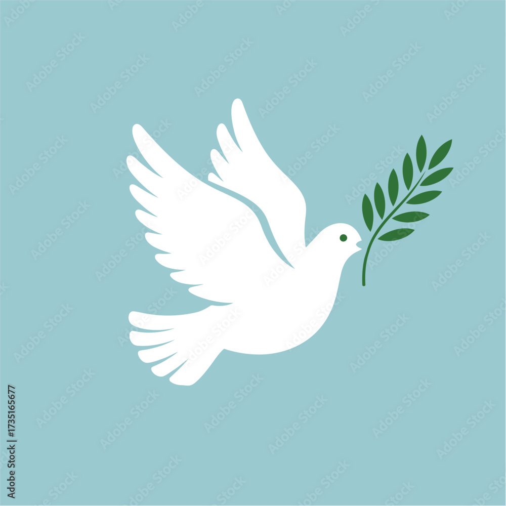 Obraz premium A white dove carrying a green olive branch, symbolizing peace and hope against a blue background.