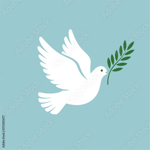 A white dove carrying a green olive branch, symbolizing peace and hope against a blue background.