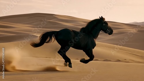 black horse galloping powerfully across stunning desert dunes, a symbol of freedom and endurance in wild golden landscape