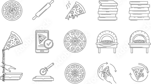 Delicious pizza icons capture the essence of Italian culinary delight and the convenience of modern food delivery services.