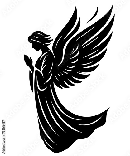 Angel silhouette with flowing wings and robes holding torch in elegant black vector style, representing divine messenger, spirituality, and heavenly grace in artistic design