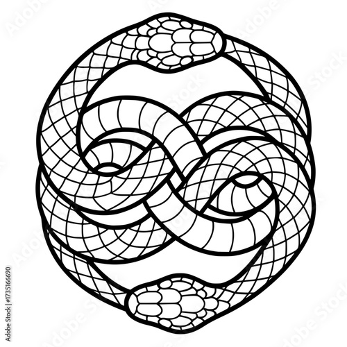 Ouroboros snake eating its own tail in circular infinity symbol form with detailed scales pattern, black and white line art illustration representing eternal cycle and rebirth