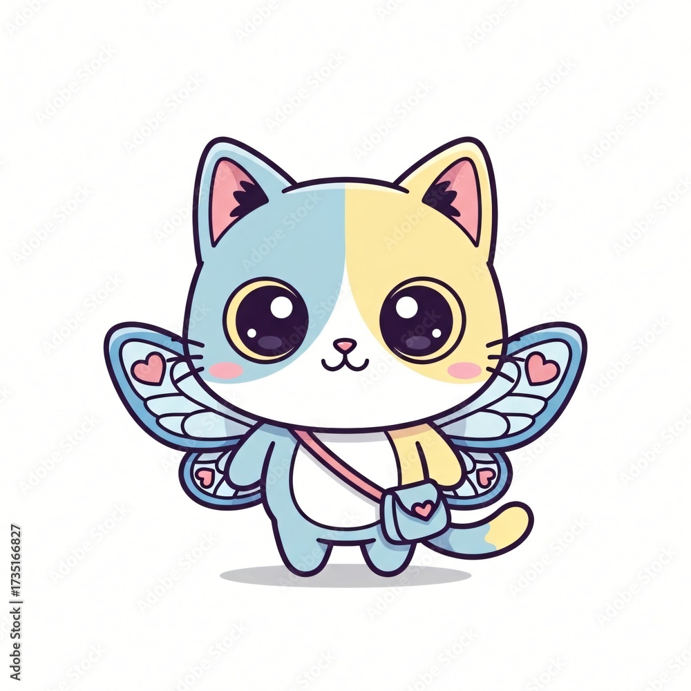 Obraz premium Cute cartoon cat with blue and yellow fur big eyes and delicate butterfly wings carrying a pink heart bag Isolated