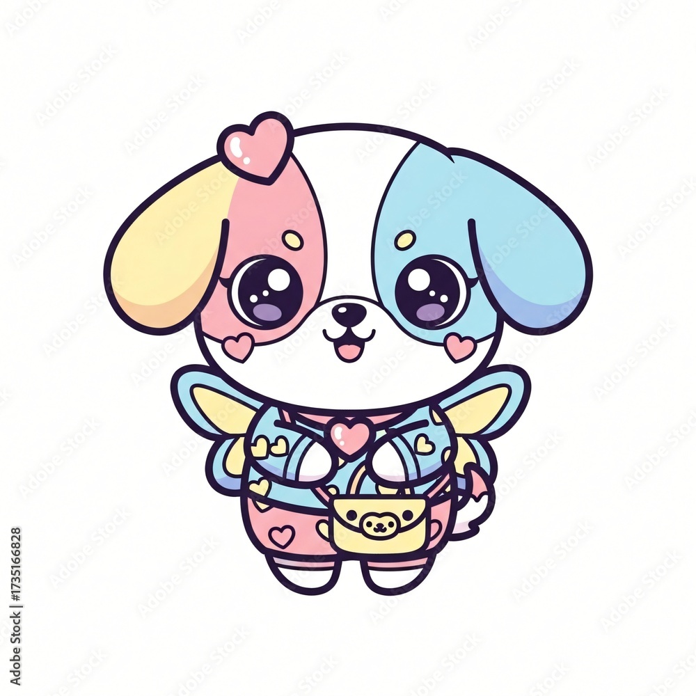 Obraz premium A cute kawaii cartoon puppy character with pastel colors hearts wings and a small purse on a white background