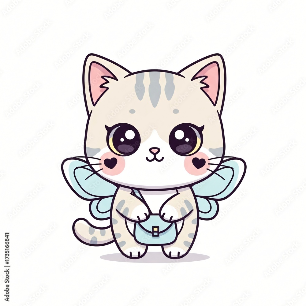 Obraz premium Cute cartoon kitten with big eyes striped fur delicate fairy wings and a small blue purse