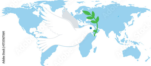 Inspiring dove of peace carrying olive branch over world map promotes harmony and global unity for peaceful resolutions and international cooperation
