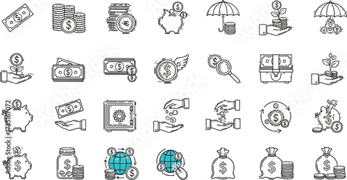 Financial icons depicting money growth, savings, security, and global transactions for business success.