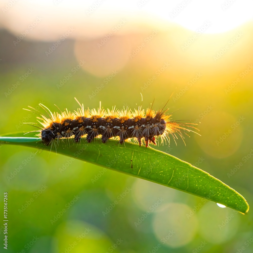 Fototapeta premium Close-up of caterpillar on leaf at sunrise