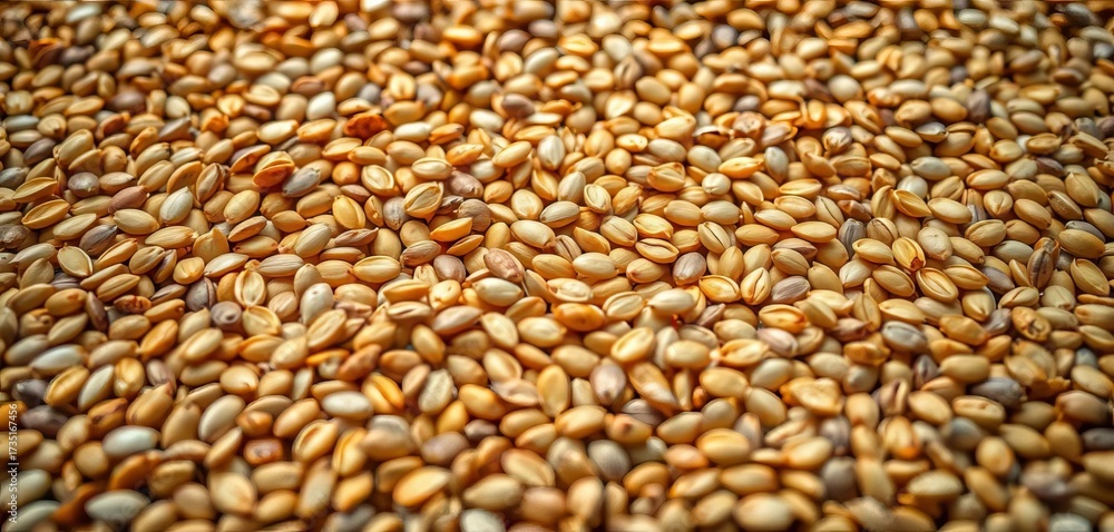 Obraz premium Close-up of scattered sunflower seeds forming a textured background, harvest, speckled