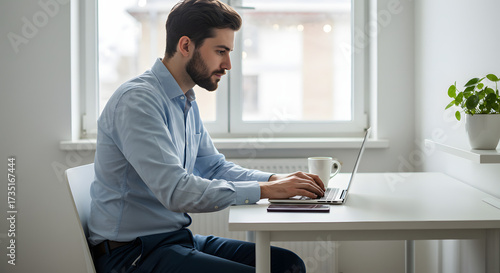 Man Works On Laptop At Bright Home Office
