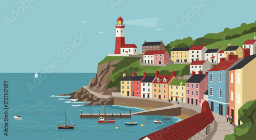 A charming flat design illustration of an English coastal town, showcasing a lighthouse on a cliff, colorful terraced houses, and a peaceful harbor with boats. 