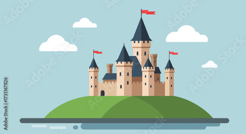 A minimalist flat design illustration of an ancient English castle, featuring simplified turrets and battlements on a hill with a surrounding moat. 