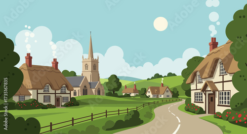An idyllic flat design landscape depicting a charming rural English village with traditional thatched cottages, a church, and rolling green hills. 