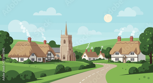 An idyllic flat design landscape depicting a charming rural English village with traditional thatched cottages, a church, and rolling green hills. 