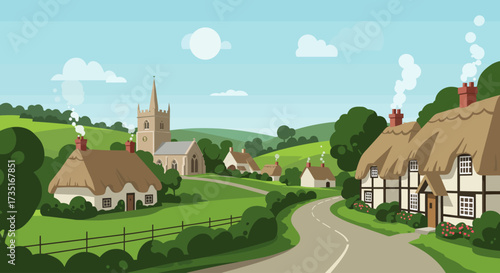 An idyllic flat design landscape depicting a charming rural English village with traditional thatched cottages, a church, and rolling green hills. 