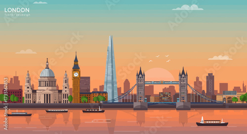 A modern flat design illustration showcasing the iconic London skyline at sunset, featuring prominent landmarks along the River Thames. 