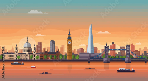 A modern flat design illustration showcasing the iconic London skyline at sunset, featuring prominent landmarks along the River Thames. 