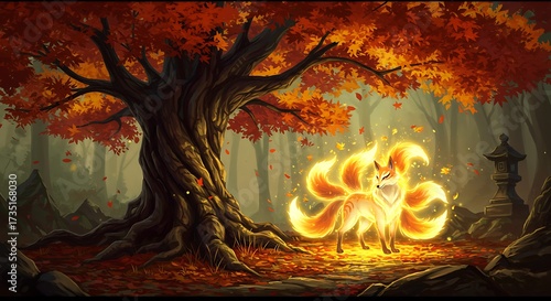 Glowing Nine-Tailed Fox in a Magical Autumn Forest with Fiery Leaves and Ancient Tree