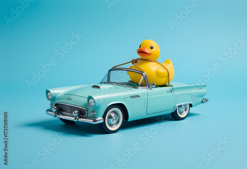 A vintage blue toy car with a yellow rubber duck on top. Generative AI
