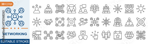 Networking editable icon set. Containing network, connections, relationship, online networking, community, events, social network and more. Editable stroke. Vector illustration  eps 10
