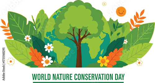 Celebrate World Nature Conservation Day with this vibrant earth illustration featuring smiling flowers and lush greenery, perfect for environmental awareness campaigns