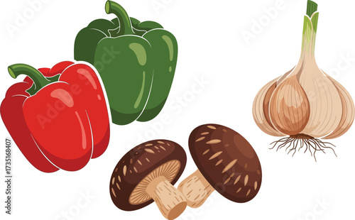 Fresh red and green bell peppers with shiitake mushrooms and garlic bulbs