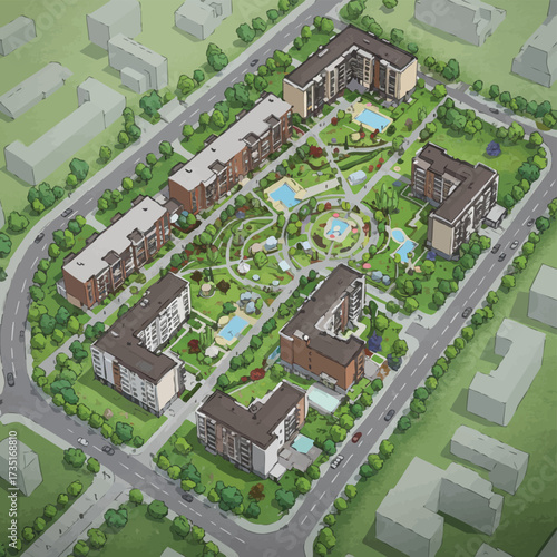 An aerial view showcases a modern residential complex with buildings, green spaces, and recreational areas, designed for comfortable living.