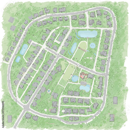 An aerial illustration of a residential neighborhood with houses, roads, green spaces, and a pond, showcasing urban planning and community design.