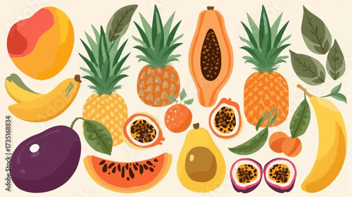 Tropical fruits like pineapples, mangoes, bananas, and papaya create a vibrant and colorful composition, perfect for foodthemed designs.