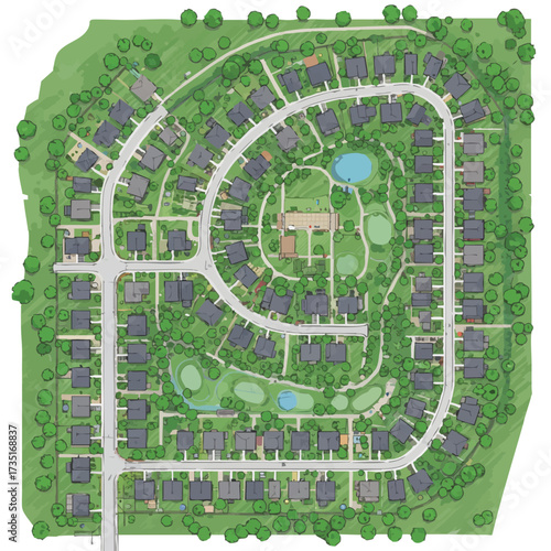 An aerial view showcases a planned residential community with houses arranged in a circular pattern, surrounded by green spaces.