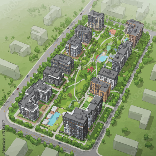 An aerial illustration presents a modern residential complex, showcasing buildings, green spaces, and an integrated community design with urban planning.