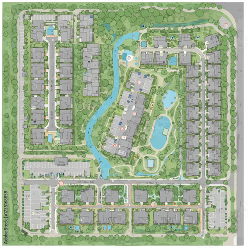 An aerial view showcases a detailed architectural plan of a residential community with buildings, green spaces, and water features.