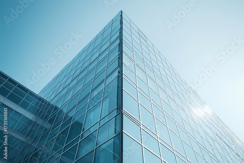 Modern glass skyscraper architecture blue tones sunlight reflecting sharp lines geometric design urban building