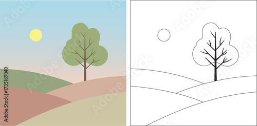 Simple landscape with tree and sun peaceful countryside