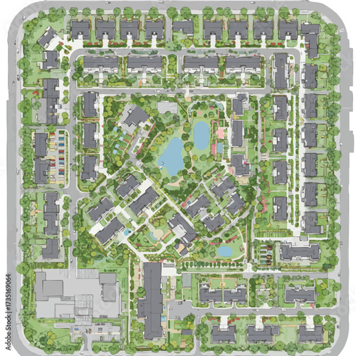 A detailed architectural rendering showcases a planned community layout, featuring houses, green spaces, and water features, viewed from an aerial perspective.