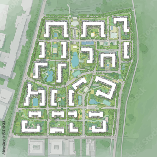 An aerial view showcases a detailed architectural plan of a modern residential complex with green spaces, pathways, and building layouts.