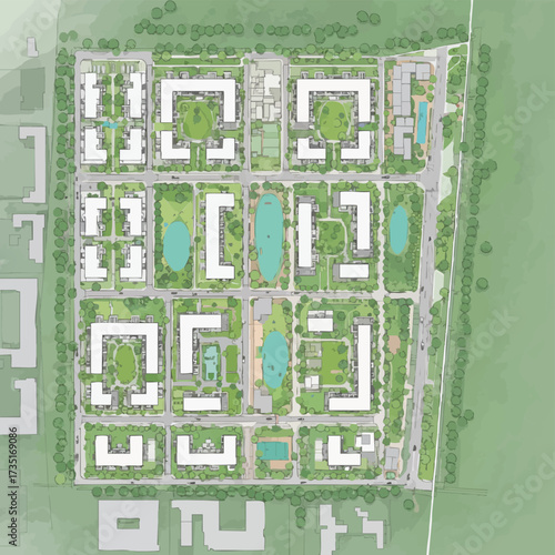 Aerial view of a meticulously planned urban development, showcasing residential buildings, green spaces, and infrastructure in a modern city layout.