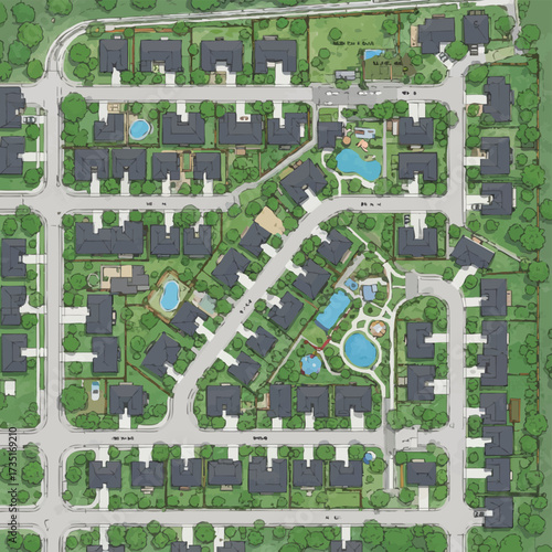 An aerial view showcases a detailed neighborhood plan with houses, roads, green spaces, and community amenities for urban development.