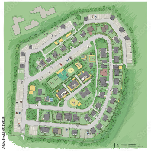 An illustrated aerial view of a residential neighborhood with houses, green spaces, roads, and parking areas, showcasing urban planning and community design.